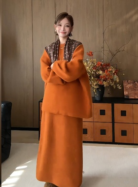 大码胖mm轻熟简约风橘色毛衣半身裙套装女秋冬氛围感慵懒风两件套