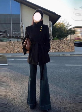 大码胖MM韩版气质高级感金属扣系带毛呢外套女装秋冬收腰保暖大衣