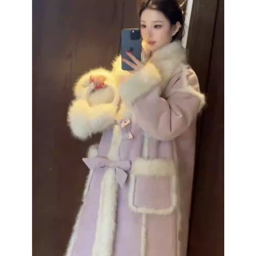 温柔风蝴蝶结皮毛一体长款外套女