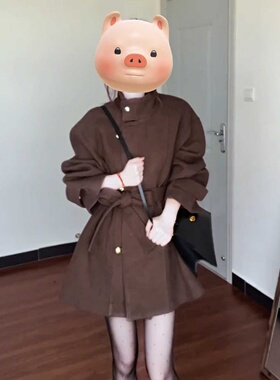 复古高级感立领毛呢外套春秋大码胖妹妹巨好看气质系带金属扣大衣