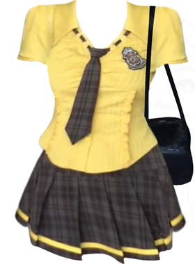 大码胖MM学院风黄色短袖衬衫领带上衣女夏季收腰显瘦格子百褶短裙