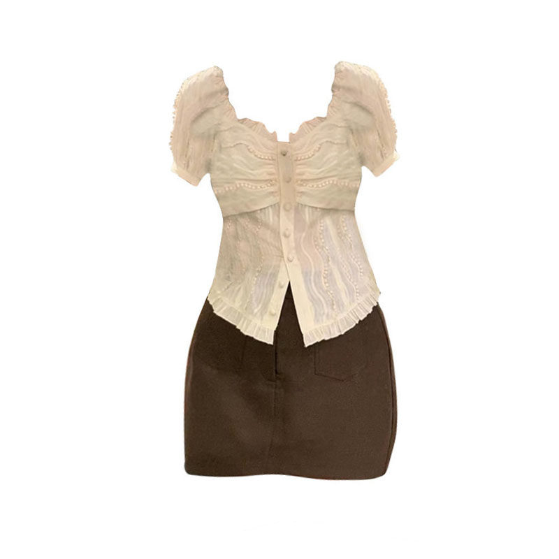 大码胖mm法式纯欲风蕾丝收腰衬衫女夏季高腰显瘦A字短裙两件套装,女装/女士精品,时尚套装,淘宝优惠券,粉丝福利购,淘宝优惠卷