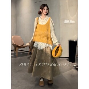 女 叠穿针织马甲上衣半裙套装 大码 胖mm韩系慵懒风休闲气质裙子春季