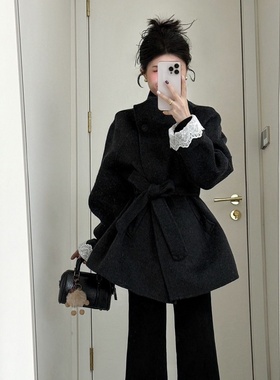 大码胖mm黑色短款毛呢外套秋冬系带收腰高级感巨好看呢子大衣外套