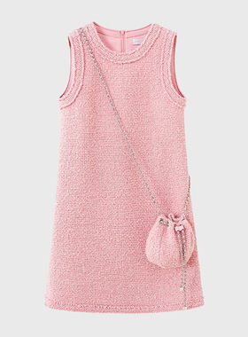 大码胖mm法式小香风粉色圆领百搭背心连衣裙时尚减龄气质坎肩裙子