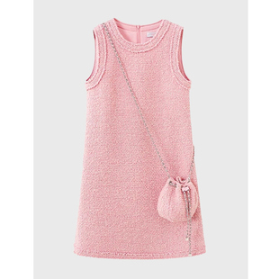 大码胖mm法式小香风粉色圆领百搭背心连衣裙时尚减龄气质坎肩裙子