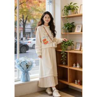 大码胖MM韩系搭配时尚一整套休闲运动白色厚棉T两件式套装裙女款