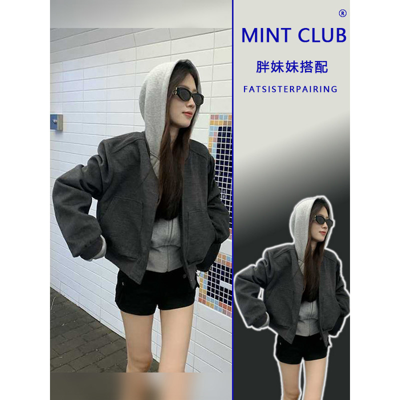 大码胖MM美式小众棒球服外套女春季新款连帽长袖卫衣短款上衣套装