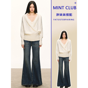 叠穿显瘦两件套 气质V领蕾丝花边挂脖背心上衣女秋季 大码 胖mm法式