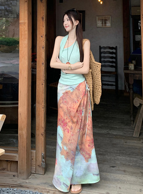 大码胖MM度假风挂脖背心吊带上衣夏季复古扎染高腰半身裙两件套装