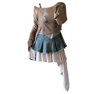 大码胖mm废土风破洞防晒罩衫吊带叠穿两件套设计牛仔短裙辣妹套装