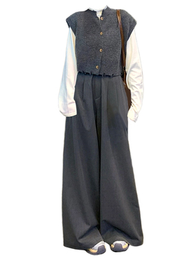 大码胖妹妹韩系高级感叠穿针织马甲女春秋季显瘦百搭阔腿长裤套装