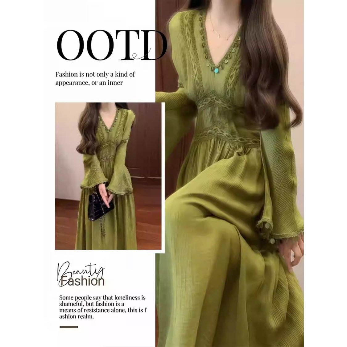 大码胖mm气质V领喇叭袖连衣裙女春季新款旅游度假收腰别致长裙子