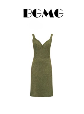 大码胖MM法式气质V领针织连衣裙女无袖修身包臀裙绿色中长款裙子