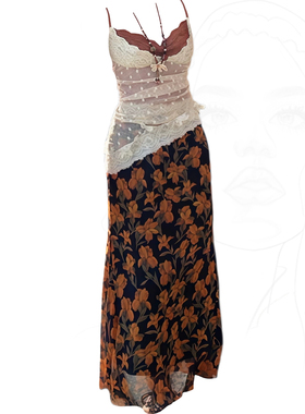 大码胖MM法式绝美性感V领假两件吊带女夏季新款碎花半身裙两件套