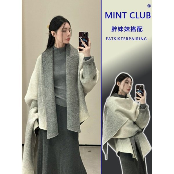 大码胖mm法式披肩围巾渐变毛呢外套女冬季新款轻熟御姐上衣两件套,女装/女士精品,时尚套装,淘宝优惠券,粉丝福利购,淘宝优惠卷