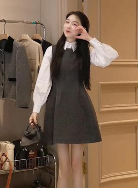 大码胖mm学院风衬衫叠穿灰色背心裙高级感两件套装秋季一整套穿搭