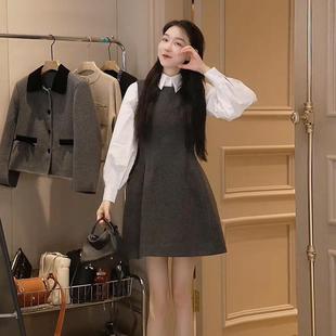 秋季 叠穿灰色背心裙高级感两件套装 一整套穿搭 胖mm学院风衬衫 大码