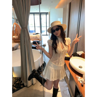 大码胖MM人间秀珠水滴镂空上衣女夏季新款蕾丝边褶皱半裙两件套装