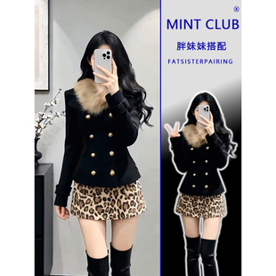 大码 胖MM千金风设计感双排扣毛呢外套百搭高腰豹纹半身短裙两件套