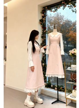 大码韩版温柔风假两件娃娃领连衣裙女秋冬胖mm显瘦蝴蝶结长款裙子
