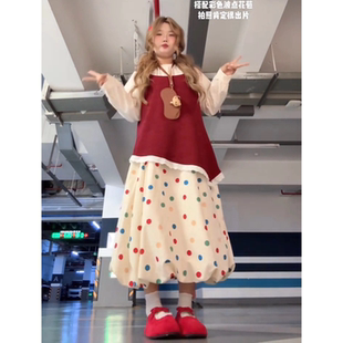 时尚 大码 波点半身裙女秋季 甜美风叠穿马甲衬衫 气质三件套 胖mm法式