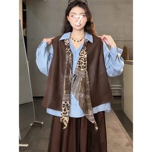 大码 复古高级感叠穿马甲衬衫 半身裙女春季 简约通勤三件套 胖mm法式