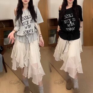 大码胖MM韩版荷叶边字母印花露肩T恤女不规则网纱半身裙两件套装
