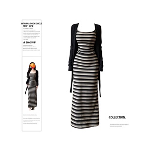 新款 复古条纹收腰连衣裙女夏季 胖MM法式 开衫 两件套装 防晒长袖 大码