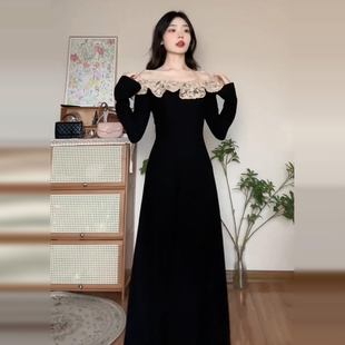 大码胖mm赫本风气质黑色长袖针织连衣裙女春季修身内搭打底长裙潮