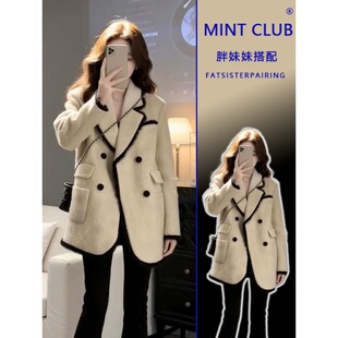 大码胖mm法式小香风春季新款短款毛呢外套女宽松显瘦长袖呢子大衣