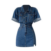 大码 牛仔连衣裙女小众显瘦裙子潮 设计单排扣收腰短袖 胖mm夏季 新款