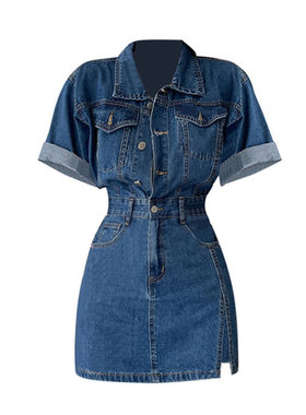 大码胖mm夏季新款设计单排扣收腰短袖牛仔连衣裙女小众显瘦裙子潮