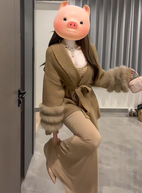 大码胖mm韩式慵懒风针织开衫连衣裙两件套女秋季新款收腰显瘦套装