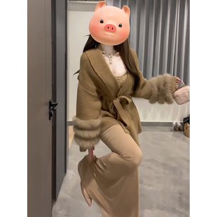 胖mm韩式 收腰显瘦套装 慵懒风针织开衫 新款 连衣裙两件套女秋季 大码