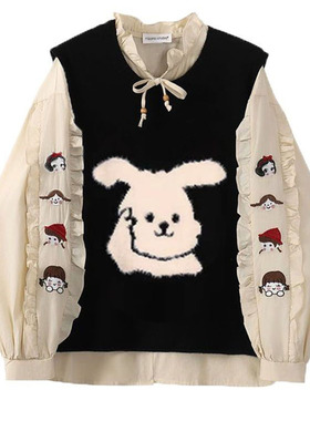 大码胖mm复古刺绣衬衫叠穿针织马甲背心学院风套装秋季时尚一整套