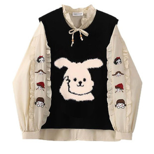 时尚 大码 秋季 叠穿针织马甲背心学院风套装 一整套 胖mm复古刺绣衬衫