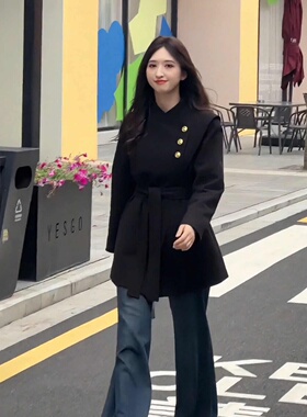 大码胖妹妹法式气质立领金属扣中长款大衣女春秋收腰显瘦毛呢外套