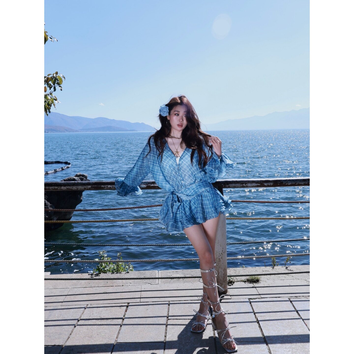 胖MM韩系减龄蓝格纹长袖连衣裙女图片