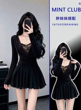 大码胖mm小香风假两件蕾丝拼接连衣裙女秋冬新款黑色收腰荡领短裙