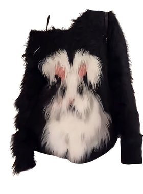 大码胖妹妹休闲风宽松兔子软糯毛茸茸针织衫女春秋设计感长袖毛衣