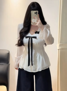 大码胖mm法式温柔风蝴蝶结长袖衬衫女秋季学院风显瘦减龄白色上衣
