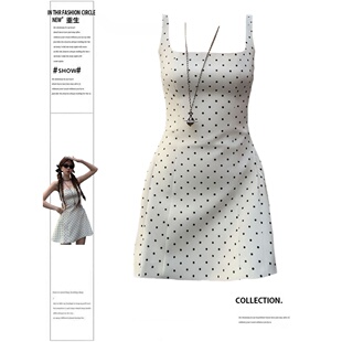 大码胖MM法式气质方领波点收腰吊带连衣裙夏季新款绝美显瘦短裙女