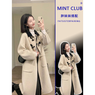大码胖MM法式小香风牛角扣修身毛呢外套女春秋季新款时尚百搭大衣