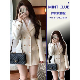 西装 大码 收腰韩版 富家千金小香风毛呢外套女春季 大衣外套 胖MM法式