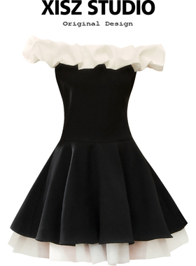 大码胖MM赫本风网纱拼接一字肩蓬蓬连衣裙女夏季新款收腰显瘦裙子