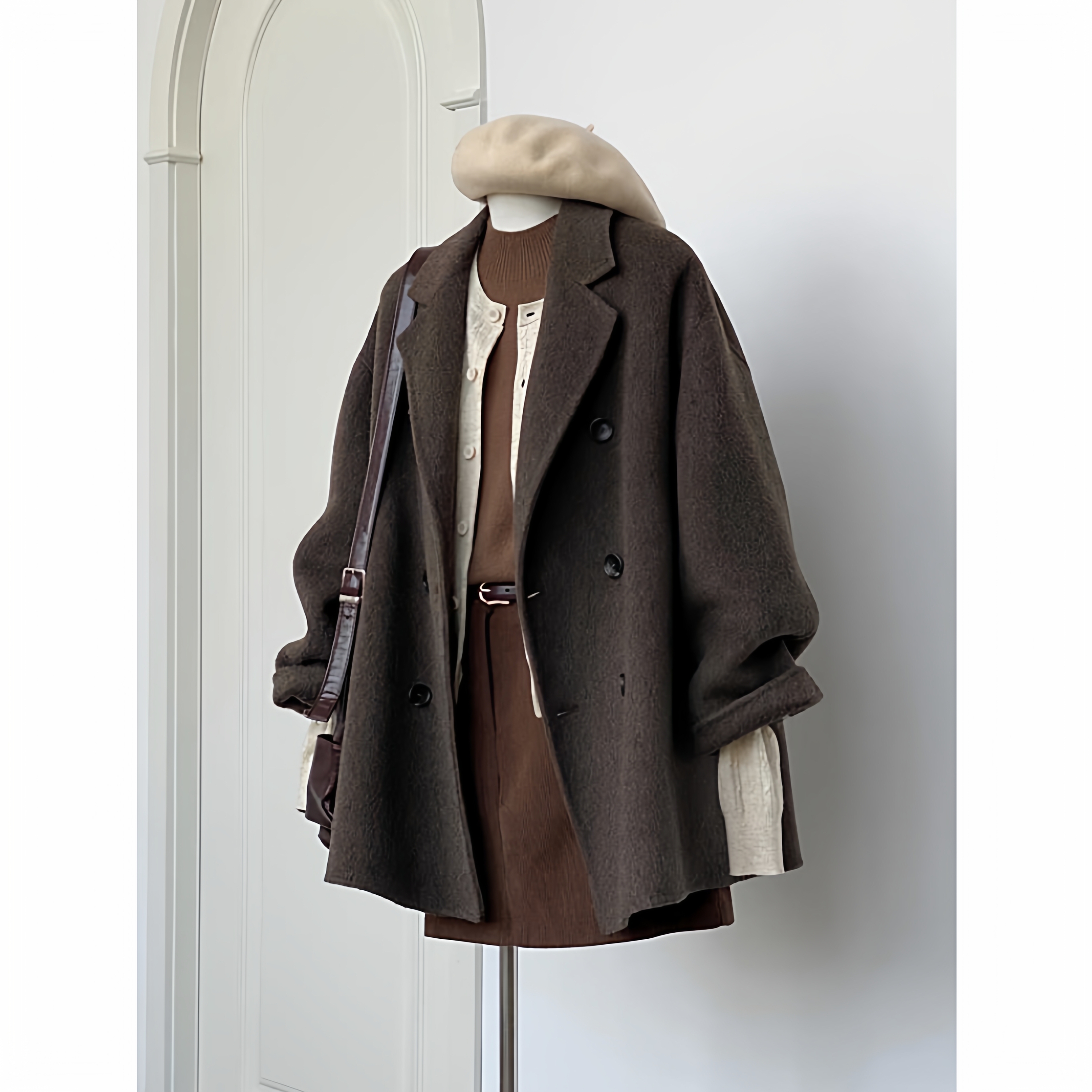 秋冬新款复古灰色双排扣毛呢外套