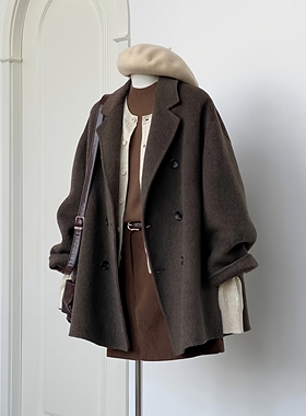 大码胖妹妹秋冬新款复古灰色双排扣毛呢外套高级感遮肉呢子大衣女