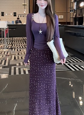 大码胖MM法式复古纯欲辣妹紫色修身吊带上衣开衫波点半身裙三件套