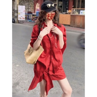 高级感百搭不规则绑带半身裙套装 胖MM慵懒风休闲翻领宽松衬衫 大码